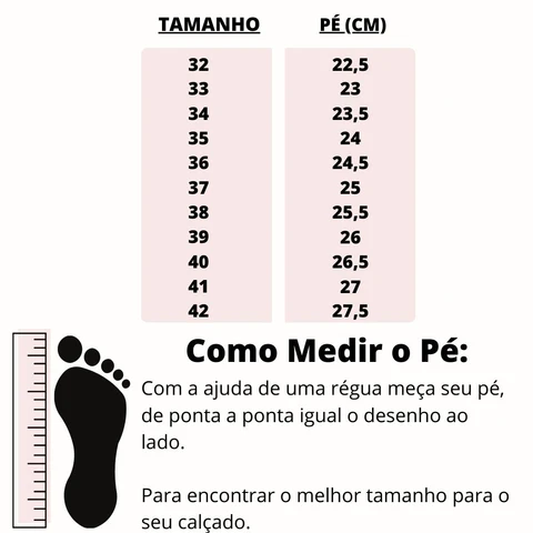 Tabela de medidas do Tamanco ortopédico